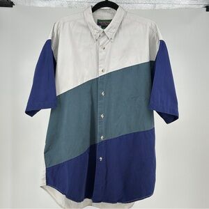 Vintage Color block Men's‎ Large Button Down Shirt Teal Blue Beige Cotton